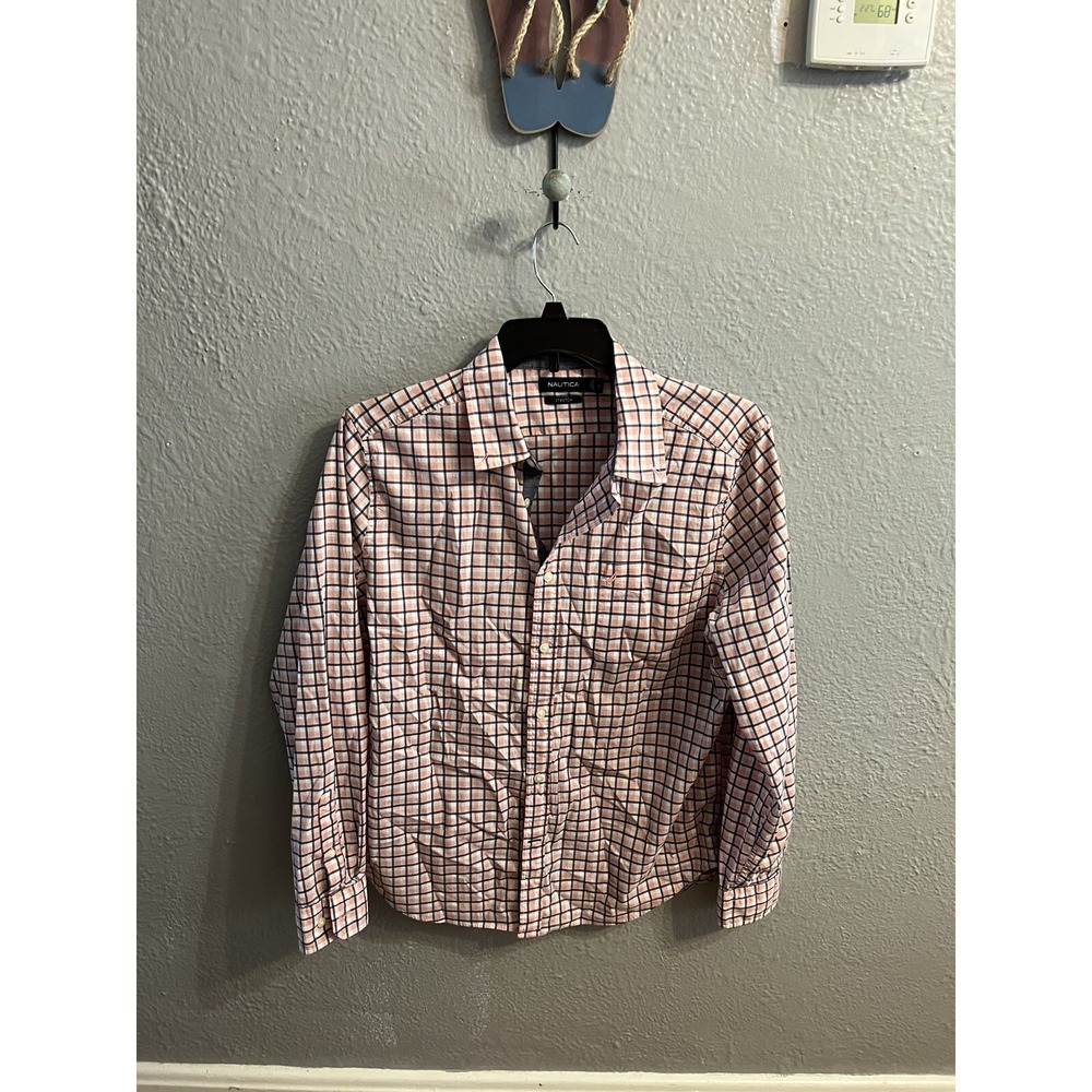 Nautica Mens Long Sleeve Button‎ Down Shirt white blue pink size large